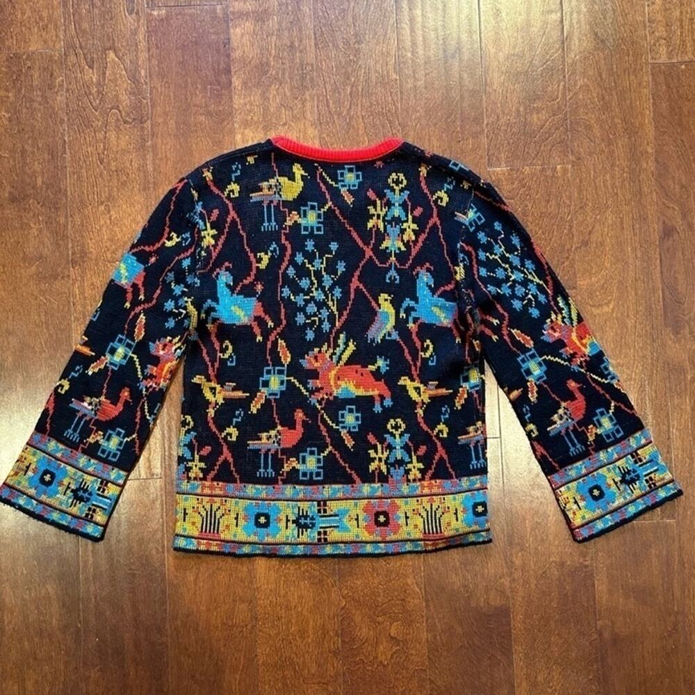 Vintage Boho Sweater, Colorful Plants & Animals on a Black Background, Size S/M - Picture 8 of 11